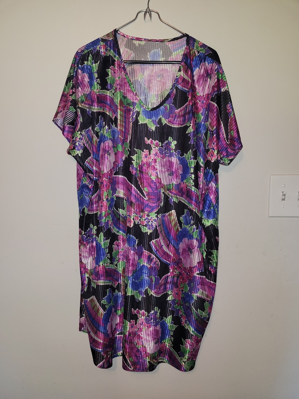 Floral V-Neck Swim Cover-Up in Black with Pink & Purple Floral Print